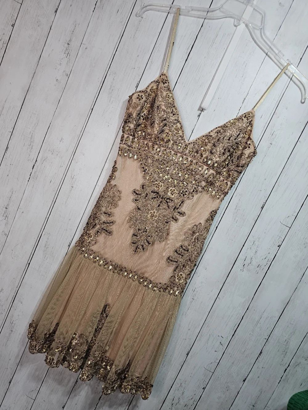Sue Wong Nocturne Champagne Embroidered Beaded Drop Waist Dress Size 4 Lined. - Picture 2 of 13